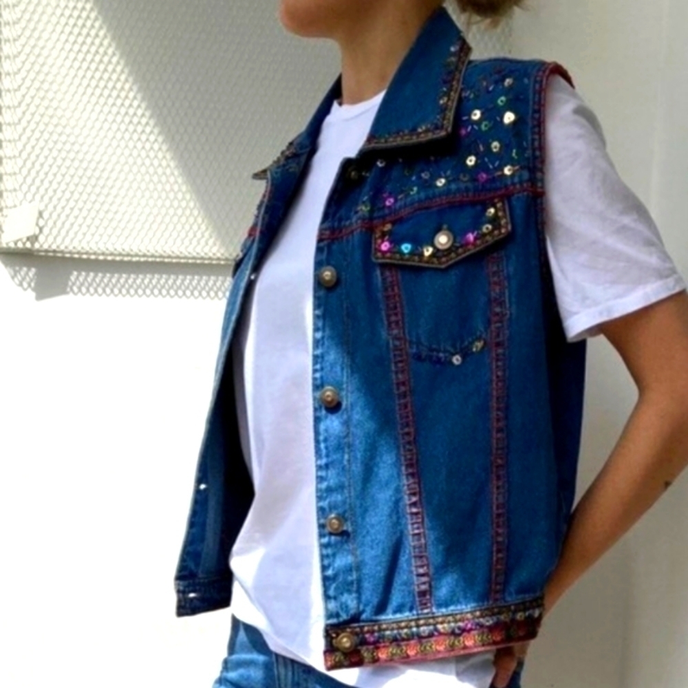 Life Style 90s denim vest / vintage sequins vest / bohemian Size Large
